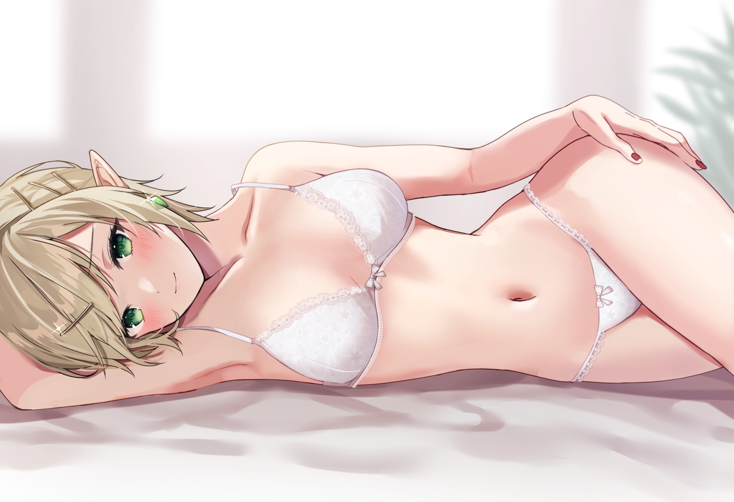 bed, blonde_hair, bra, elezen, final_fantasy, final_fantasy_xiv, green_eyes, navel