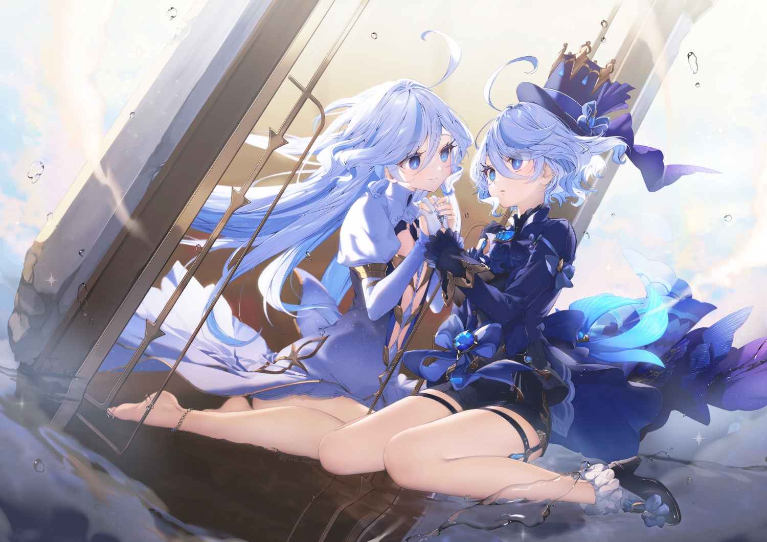 2girls, aliasing, amenosaka_nono, barefoot, blue_eyes, blue_hair, bow, clouds, dress, flat_chest, focalors_(genshin_impact), furina_(genshin_impact), garter, genshin_impact, gloves, hat, long_hair, short_hair, shorts, socks, water