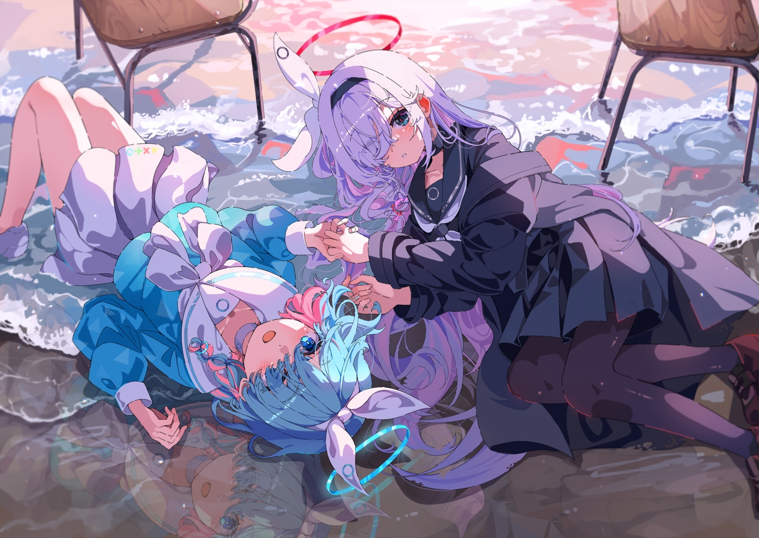 2girls, aqua_eyes, aqua_hair, arona_(blue_archive), beach, black_eyes, blue_archive, blush, bow, braids, choker, gray_hair, halo, headband, loli, long_hair, pantyhose, plana_(blue_archive), reflection, sakatsuki_yakumo, school_uniform, short_hair, skirt, water