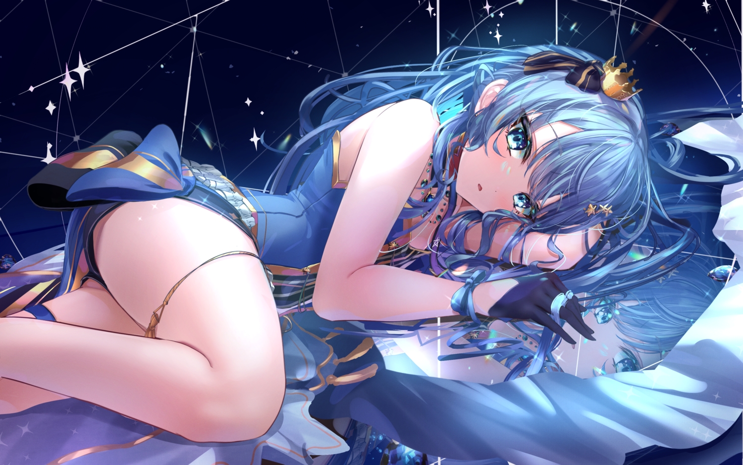aqua_eyes, blue_hair, bow, crown, garter, gloves, hai_0013, hololive, hoshimachi_suisei, long_hair, necklace, reflection, ribbons, shorts, wristwear