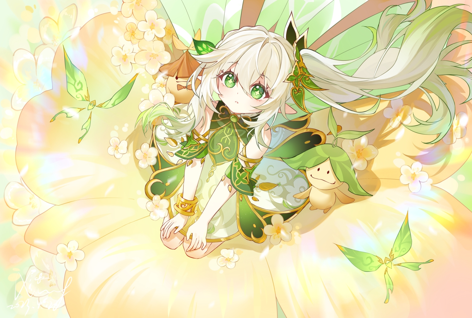 butterfly, dress, flowers, genshin_impact, green_eyes, handsomening, loli, long_hair, nahida_(genshin_impact), pointed_ears, ponytail, white_hair, wristwear