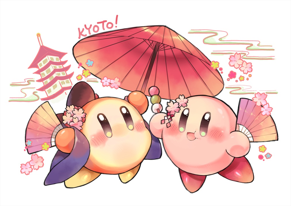 blush, building, cherry_blossoms, fan, flowers, japanese_clothes, kawao9, kirby, kirby_(character), no_humans, waddle_dee, white