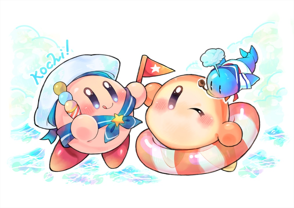 animal, blush, clouds, fish, food, hat, ice_cream, kawao9, kirby, kirby_(character), no_humans, scarf, swim_ring, waddle_dee, water, white