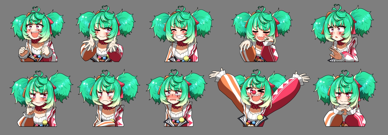 aliasing, blush, cat_smile, choker, coni_confetti, crying, ddolbang, flat_chest, green_hair, idol_corp, red_eyes, tears, transparent, twintails, wink
