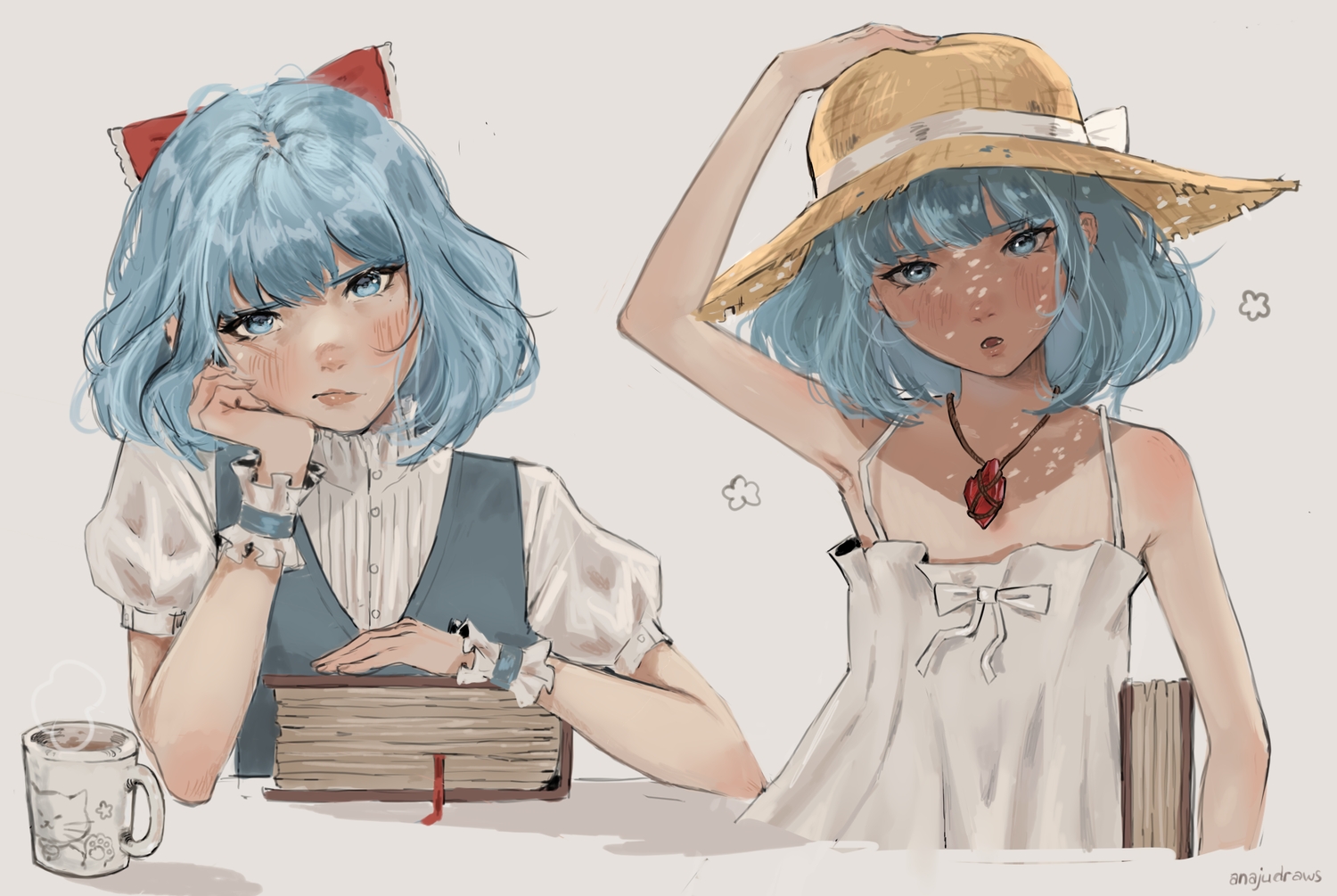 anajudraws, blue_eyes, blue_hair, blush, book, bow, dress, drink, flat_chest, hat, necklace, no_bra, original, shirt, short_hair, signed, sketch, summer_dress, wristwear