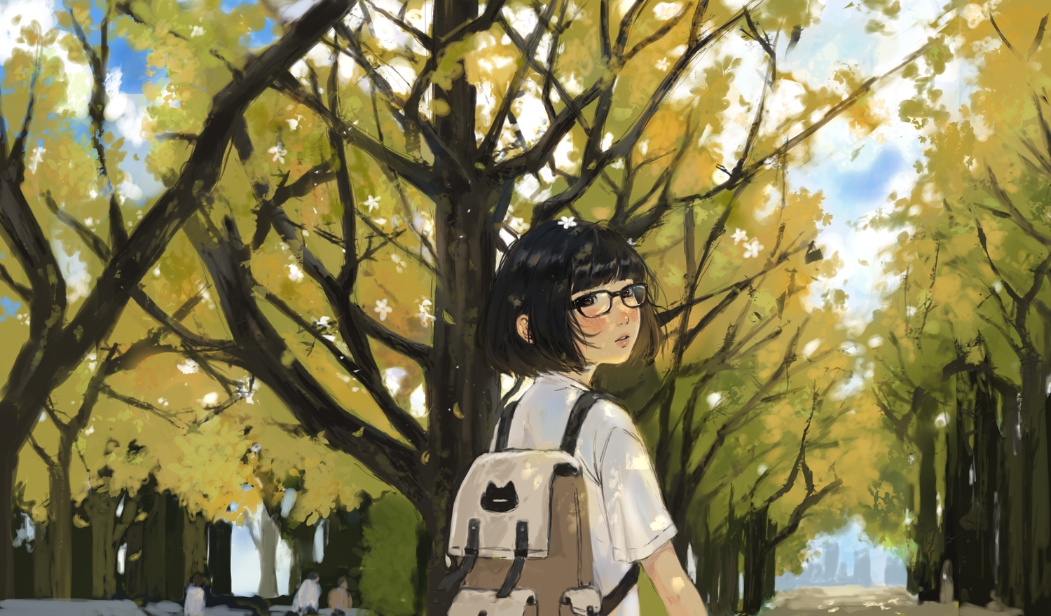 anajudraws, black_hair, blush, brown_eyes, clouds, flowers, glasses, original, park, shade, short_hair, sketch, sky, tree