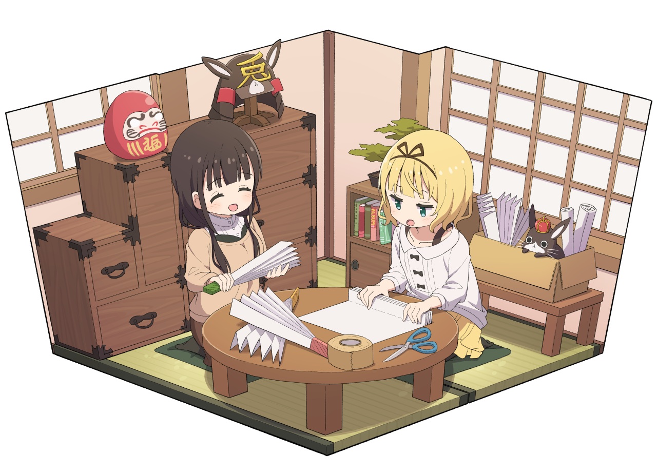 2girls, aliasing, animal, anko_(gochiusa), armor, black_hair, blonde_hair, blush, book, bow, doll, fan, gochuumon_wa_usagi_desu_ka?, green_eyes, headband, kirima_sharo, long_hair, mohei, paper, rabbit, short_hair, skirt, ujimatsu_chiya, white