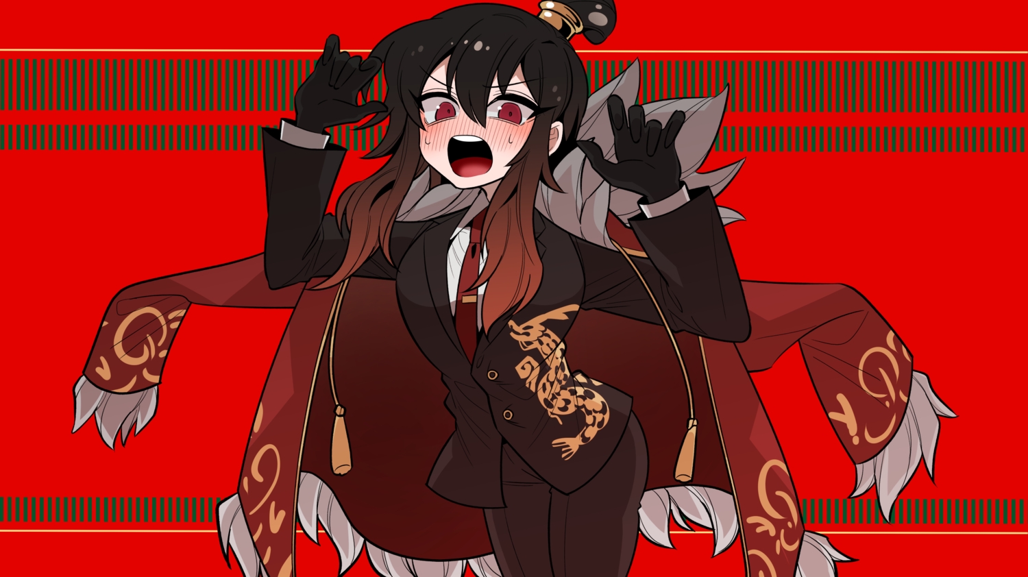 69_ronku, black_hair, blush, cape, gloves, library_of_ruina, long_hair, project_moon, red, red_eyes, suit, tie, xiao_(project_moon)