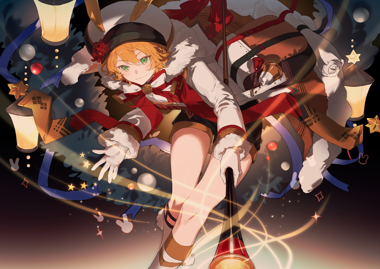 all_male, animal_ears, arknights, bell, blush, bow, bunny_ears, christmas, gloves, green_eyes, hood, instrument, kneehighs, leonhardt_(arknights), male, ma_(xxxx-xl), orange_hair, ribbons, shirt, shorts