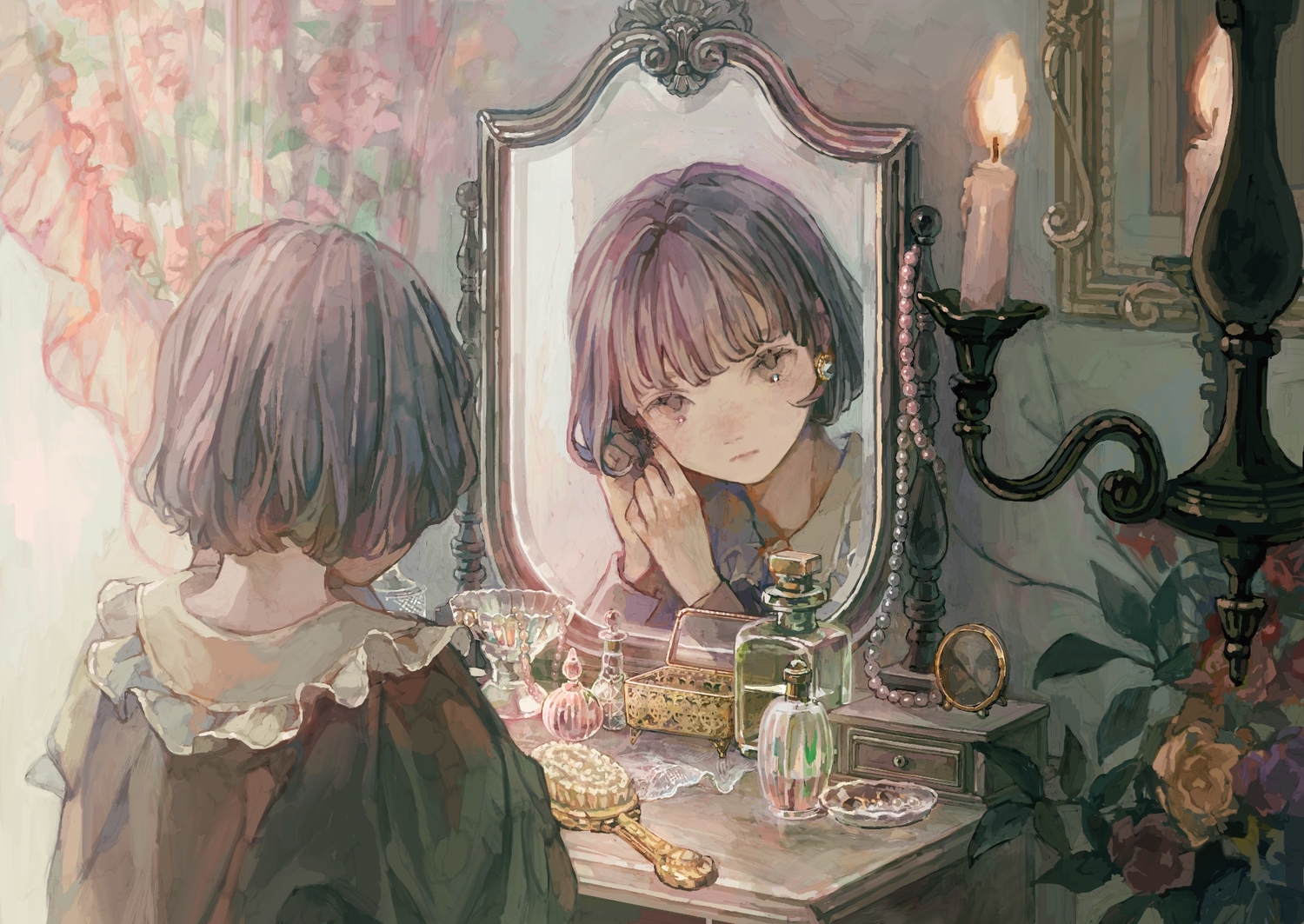 flowers, hotatenshi, mirror, original, reflection, short_hair