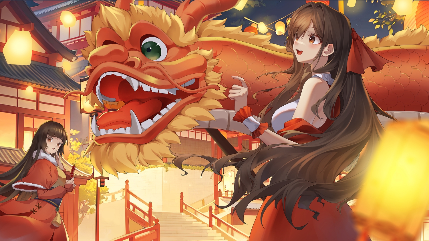 2girls, aluo_7762, brown_eyes, brown_hair, building, cape, chinese_clothes, fang