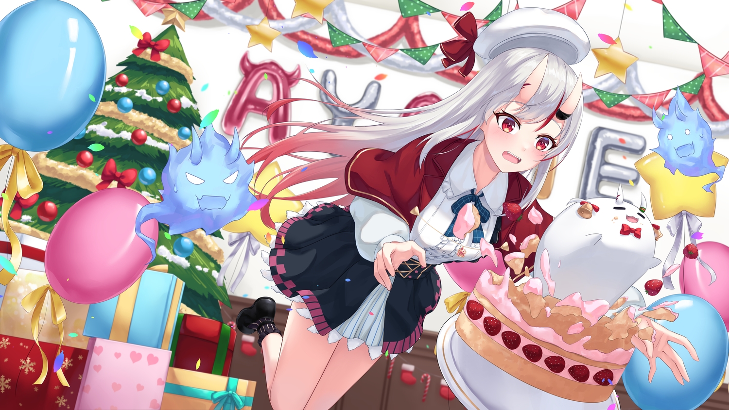 blush, cake, christmas, demon, fang, food, gray_hair, hat