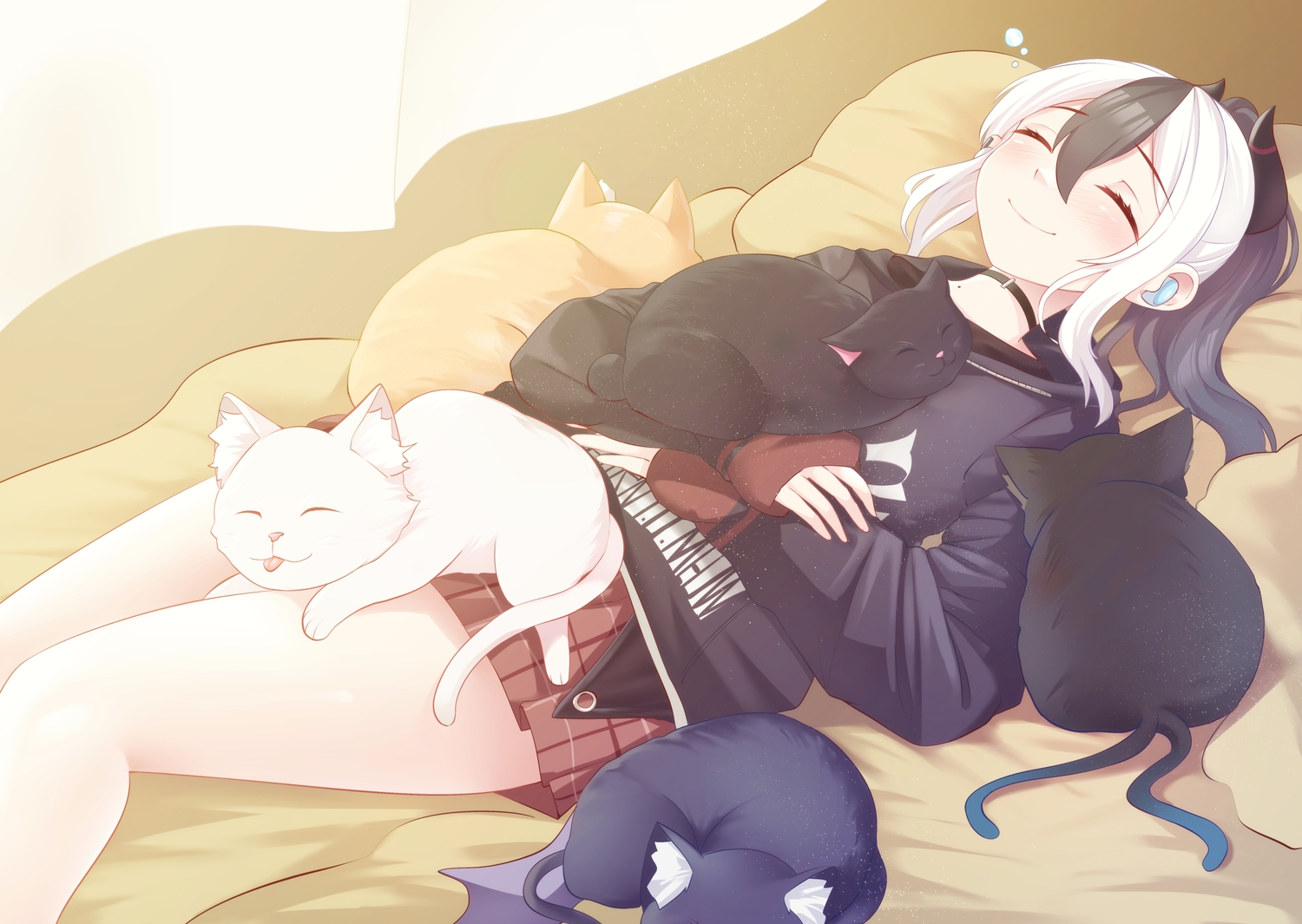 animal, bed, blue_archive, blush, cat, choker, headphones, hood