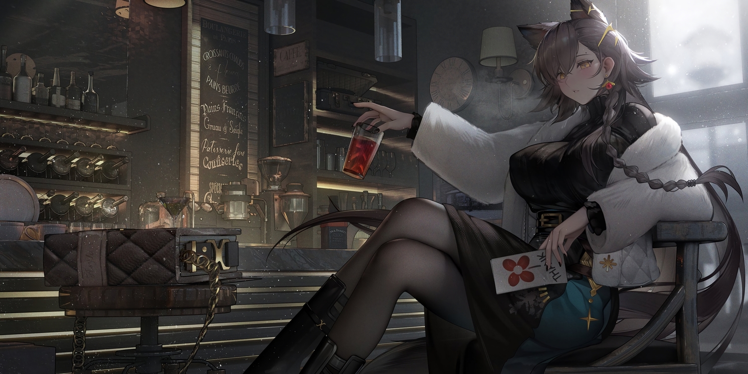 animal_ears, arknights, binggong_asylum, breasts, brown_hair, long_hair, pantyhose, penance_(arknights)