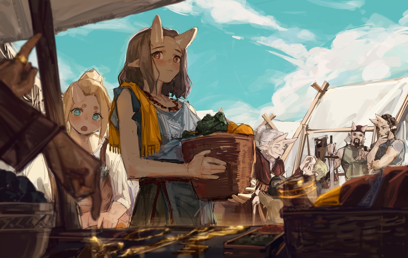 apron, aqua_eyes, blonde_hair, blush, brown_hair, clouds, dark_skin, demon