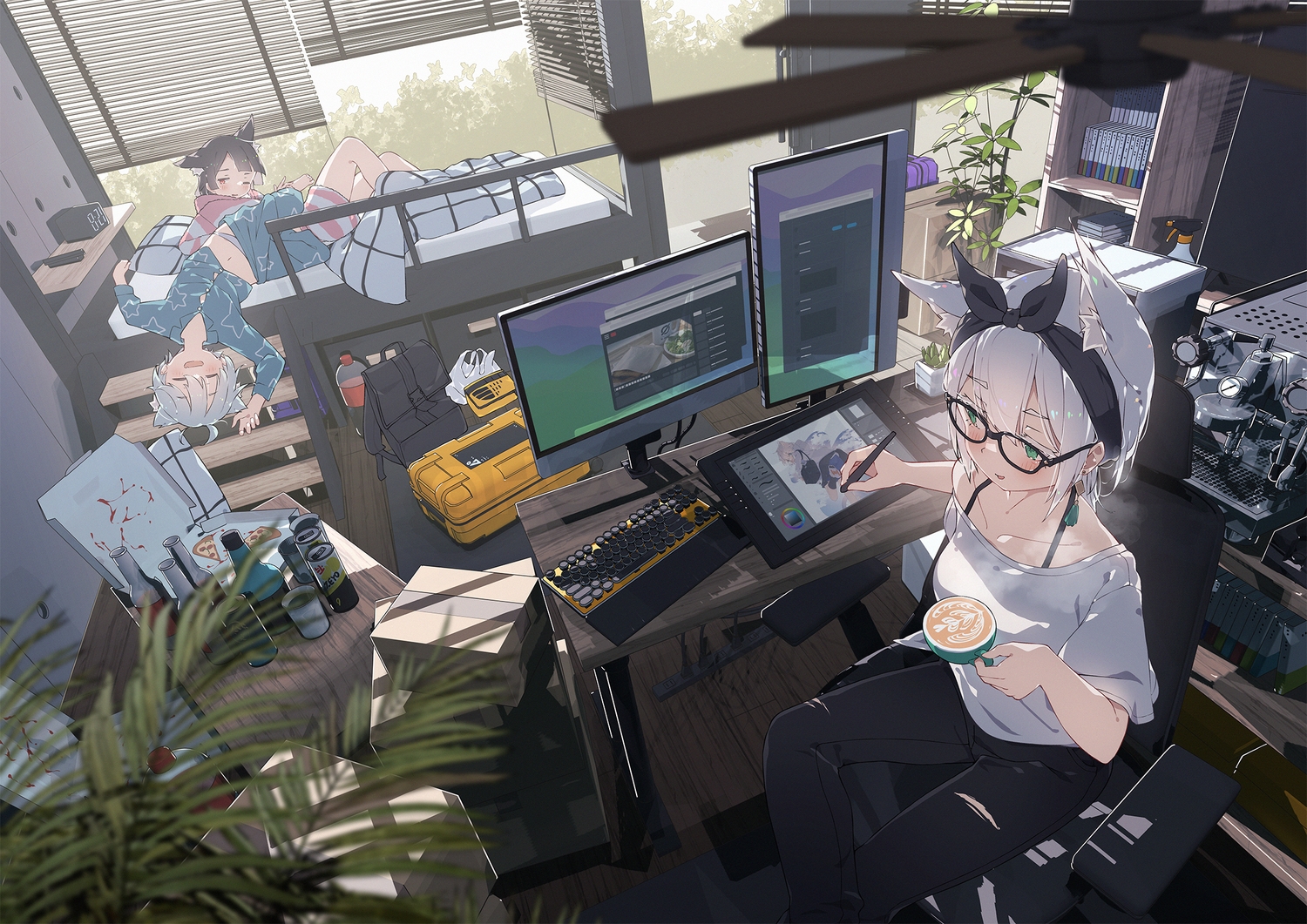 3d, animal_ears, aqua_eyes, bed, blush, brown_hair, catgirl, computer