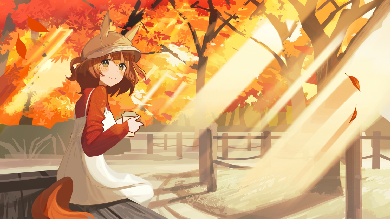 animal_ears, anthropomorphism, ashinowoto, aston_machan_(umamusume), autumn, brown_hair, dress, drink, hat, leaves, park, tail, tree, uma_musume:_pretty_derby