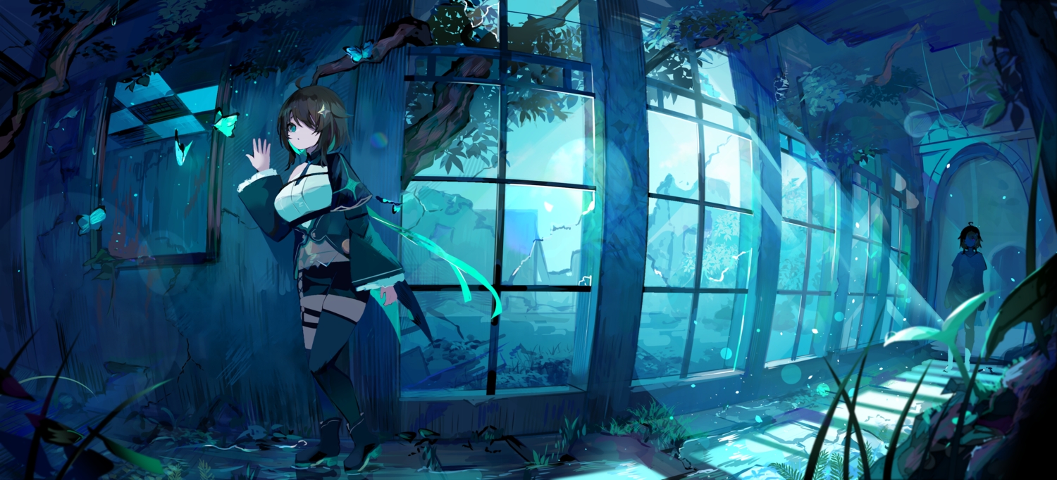 2girls, animal_ears, aqua_eyes, black_hair, butterfly, garter, indie_virtual_youtuber, long_hair, meica_(vtuber), ruins, skirt, tamago_nezumi, thighhighs, zettai_ryouiki