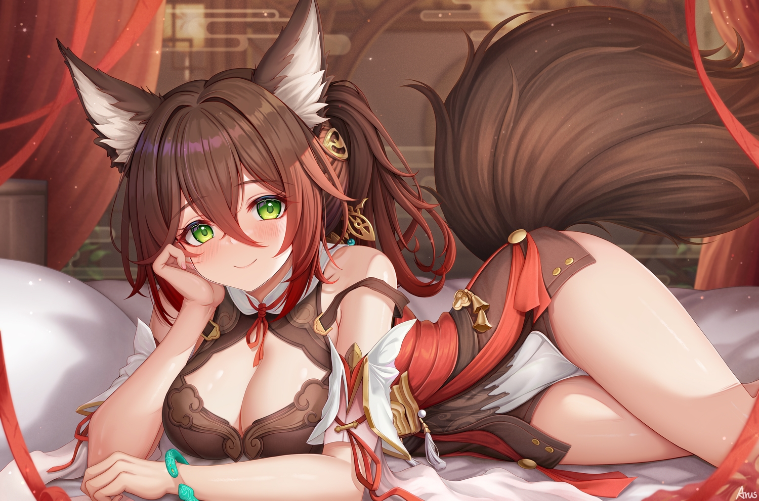 animal_ears, arus, bed, blush, breasts, brown_hair, chinese_clothes, cleavage