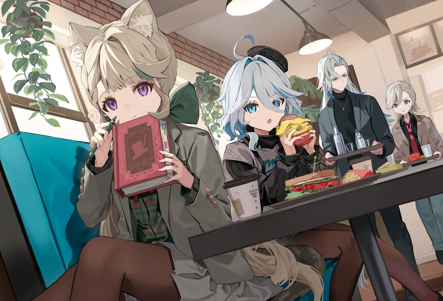 animal_ears, blue_eyes, book, catgirl, food, furina_(genshin_impact), genshin_impact, gray_hair