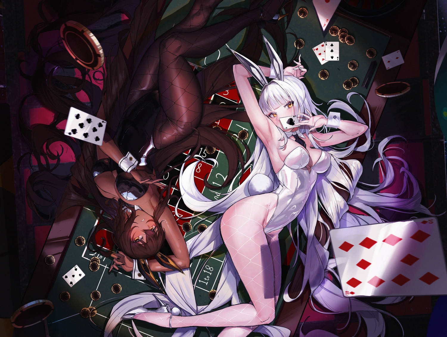 2girls, animal_ears, blanc_(nikke), blush, brown_hair, bunny_ears, bunnygirl, dark_skin, goddess_of_victory:_nikke, jin_jian, leotard, long_hair, no_bra, noir_(nikke), tail, white_hair, yellow_eyes