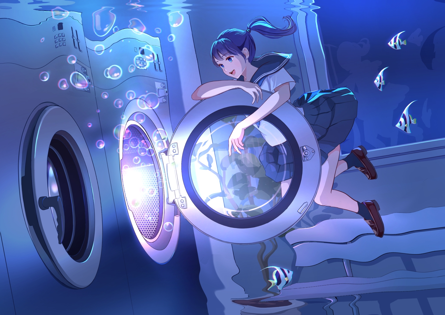 aliasing, animal, black_hair, blue_eyes, bubbles, fish, long_hair, nap_on_a_cloud