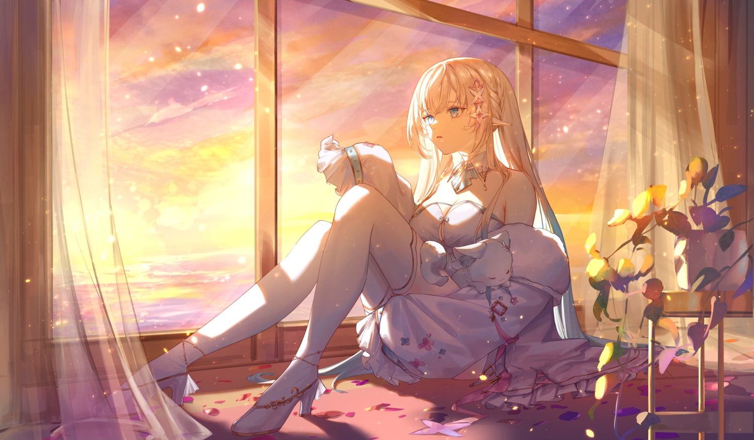 bed, blue_eyes, gray_hair, long_hair, original, petals, pointed_ears, sky, sunset, thighhighs, una_kamra, water
