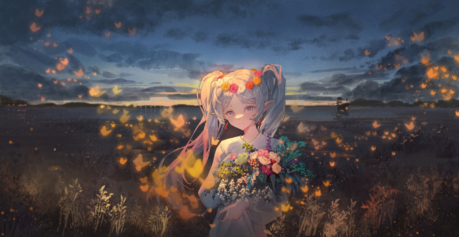 blue_eyes, butterfly, clouds, dress, flowers, frieren, grass, gray_hair, headdress, long_hair, magic, pointed_ears, qingshu, sky, sousou_no_frieren, sunset, twintails, water