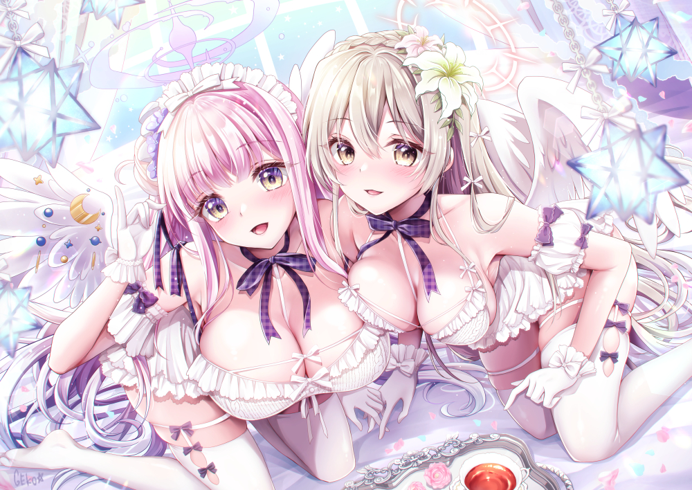 2girls, aliasing, blue_archive, blush, bow, breasts, brown_hair, cleavage