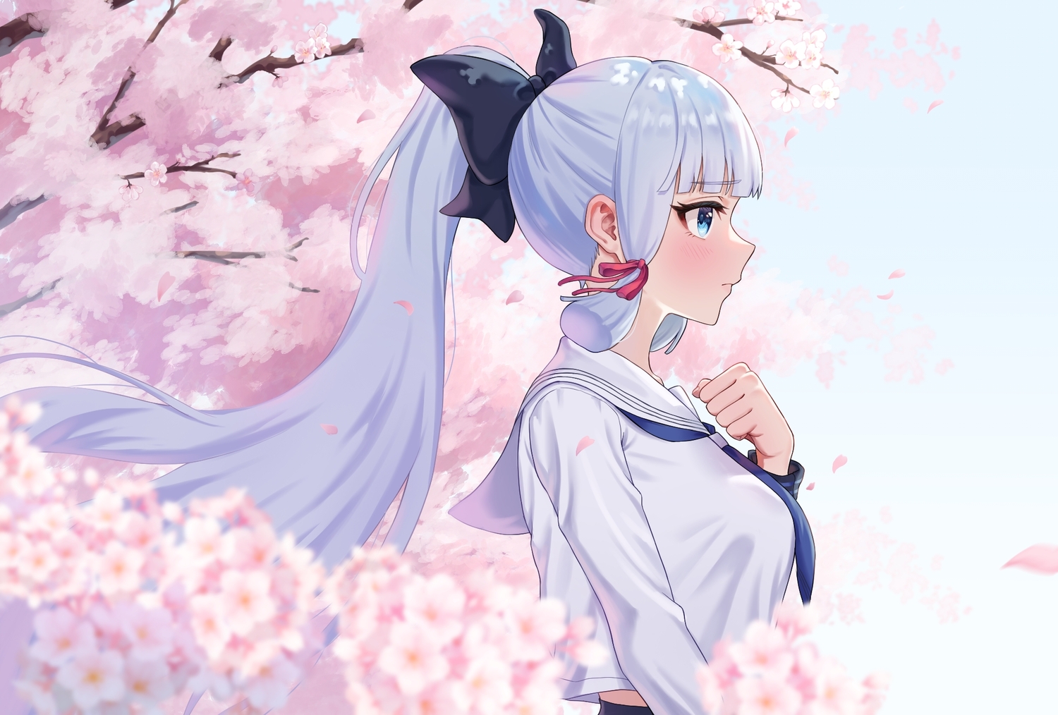 aqua_eyes, blush, cherry_blossoms, close, flowers, genshin_impact, gray_hair, kadokadokado, kamisato_ayaka, long_hair, ponytail, school_uniform
