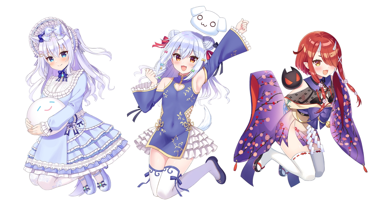 animal_ears, brown_eyes, cat_smile, chinese_clothes, chinese_dress, dress, fang, hat, headdress, hoozuki_warabe, horns, inuyama_tamaki, japanese_clothes, lolita_fashion, male, noripro, otoko_no_ko, pointed_ears, purple_hair, red_hair, shirayuki_mishiro, sumisaki_yuzuna, tail, thighhighs, white, yellow_eyes