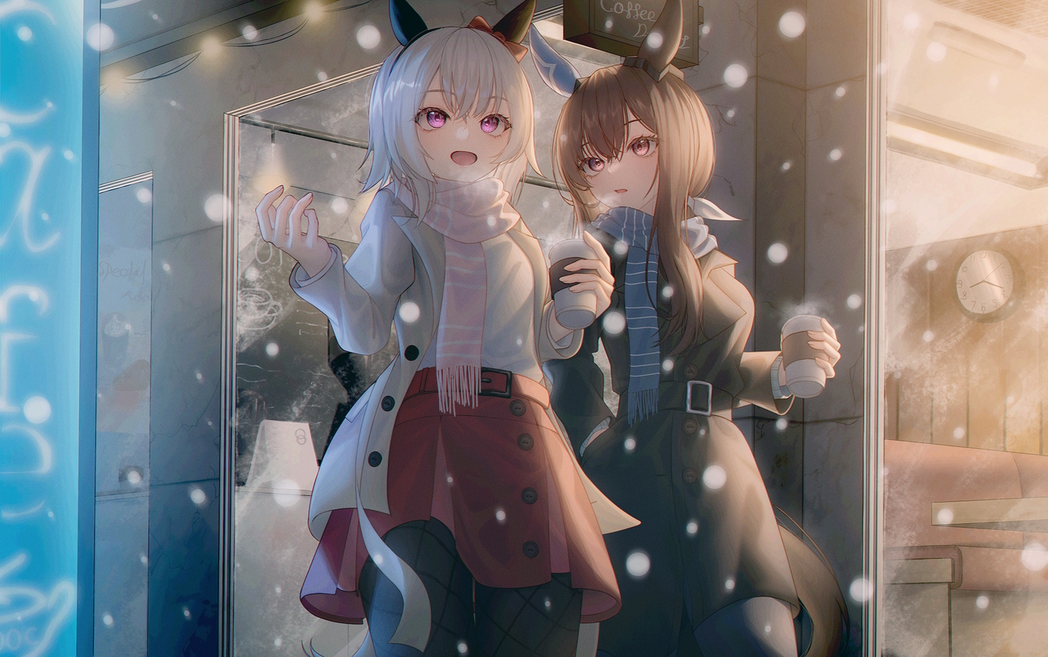 2girls, admire_vega_(umamusume), animal_ears, anthropomorphism, brown_hair, building, curren_chan_(umamusume), drink