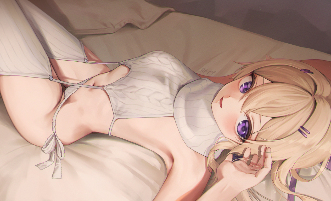 blonde_hair, garter_belt, long_hair, navel, original, panties, purple_eyes, rryiup, signed, stockings, underwear