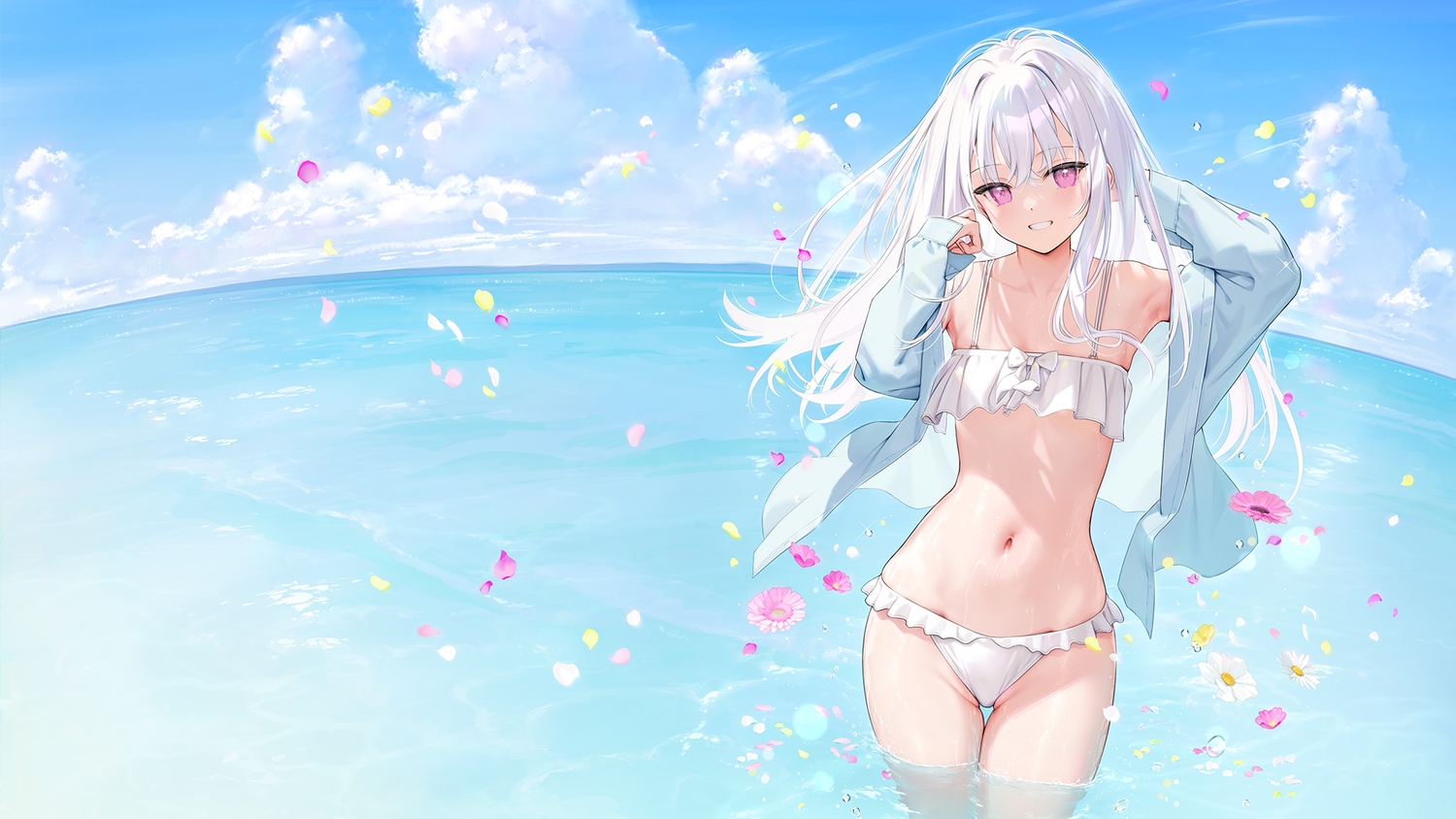 bikini, blush, clouds, long_hair, mignon, navel, original, petals, purple_eyes, shiro_(mignon), sky, swimsuit, water, wet, white_hair
