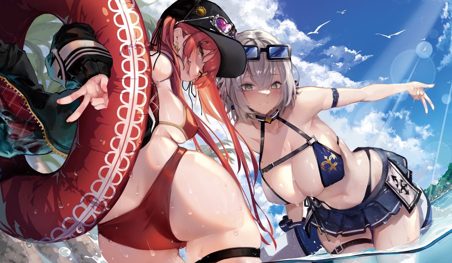 2girls, ass, baby.g, bicolored_eyes, bikini, breasts, choker, cleavage, clouds, fang, garter, gray_hair, green_eyes, hat, hololive, houshou_marine, long_hair, red_hair, shirogane_noel, short_hair, skirt, sky, sunglasses, swim_ring, swimsuit, tree, water