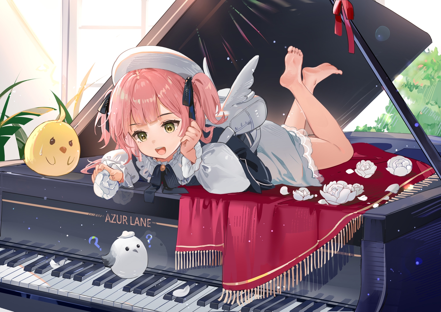 animal, anthropomorphism, azur_lane, barefoot, bird, blush, bow, dress