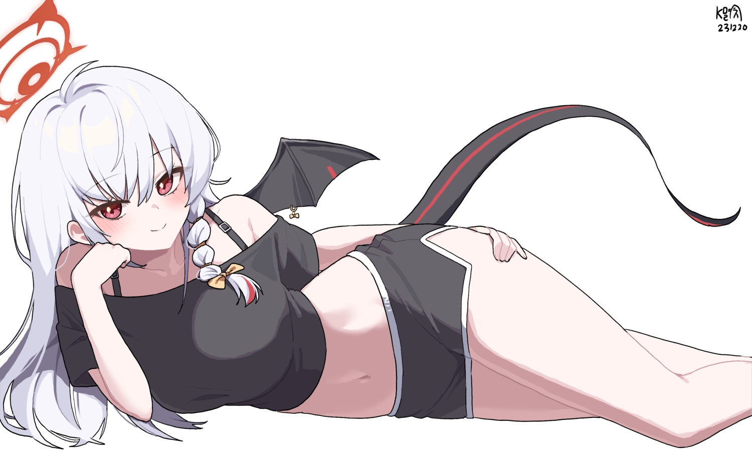 blue_archive, braids, gray_hair, halo, kurodate_haruna, long_hair, myeolchi, navel