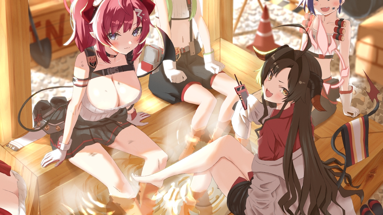 barefoot, blue_archive, breasts, brown_hair, cat_smile, choker, cleavage, fang, gloves, green_hair, group, horns, hot_springs_department_member_(blue_archive), kinugawa_kasumi, long_hair, navel, onsen, pointed_ears, red_hair, shimokura_megu, shirt, skirt, tail, tsuuhan, water