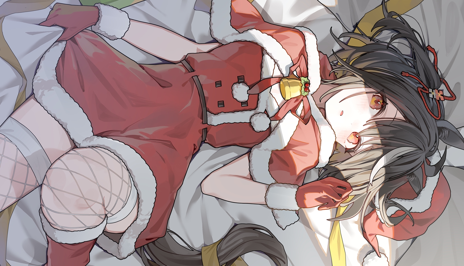 animal_ears, anthropomorphism, black_hair, blush, cape, christmas, dress, gloves