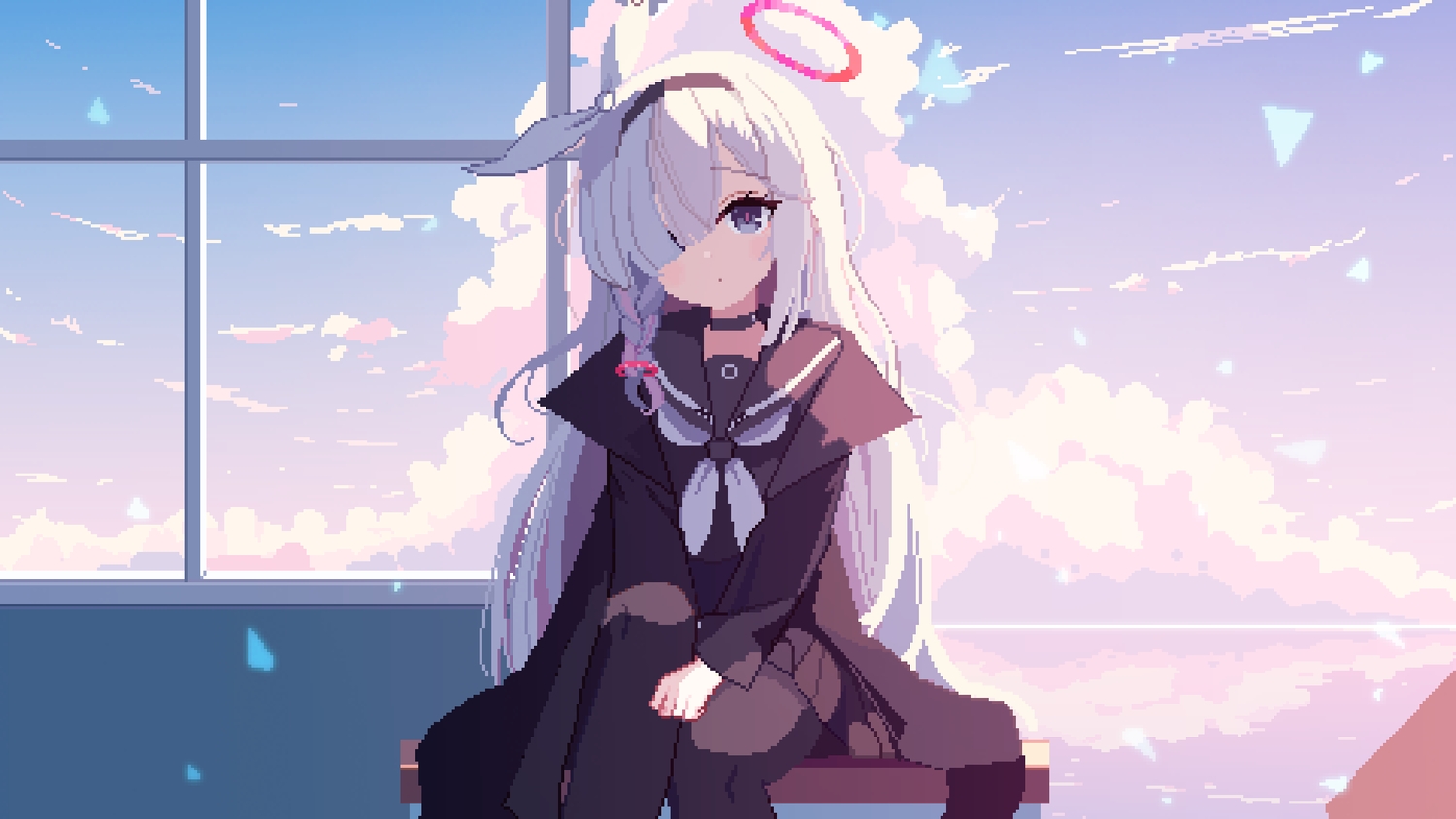 blue_archive, blue_eyes, braids, choker, clouds, halo, headband, loli, long_hair, pantyhose, plana_(blue_archive), reflection, school_uniform, skirt, sky, tinia_etru, water, white_hair