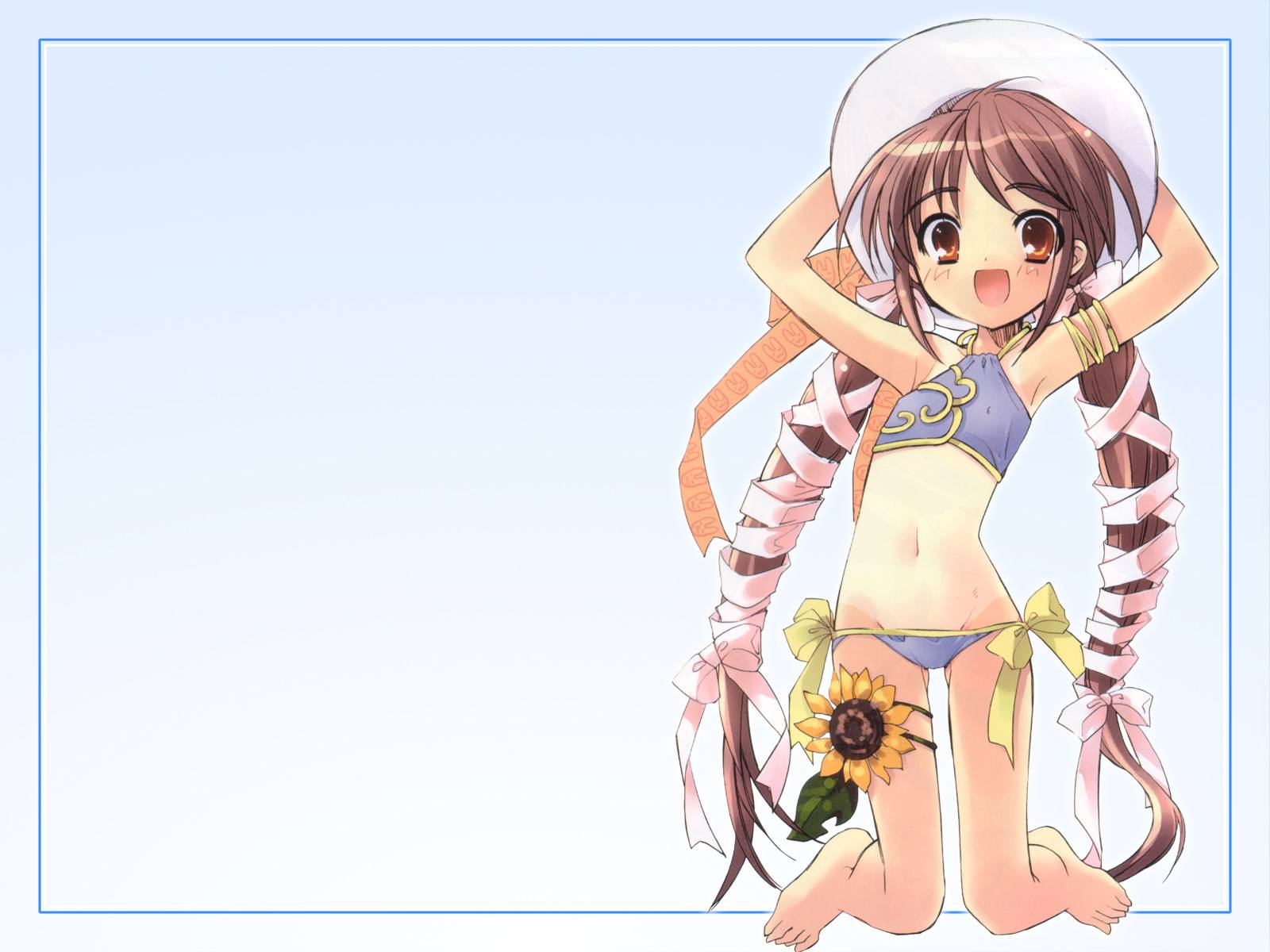 barefoot, bikini, brown_eyes, brown_hair, dengeki_daioh, flat_chest, flowers, hat, itou_noiji, loli, long_hair, navel, sunflower, swimsuit, tan_lines, twintails