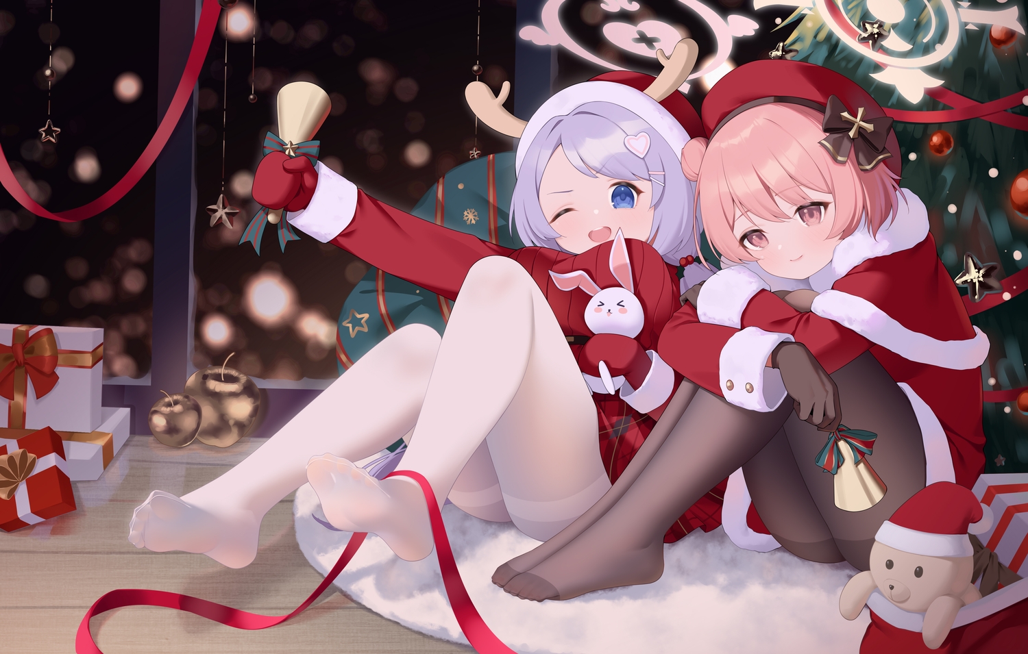 2girls, asagao_hanae, bell, bingchuan_xian_yu_huang, blue_archive, blue_eyes, blush, bow
