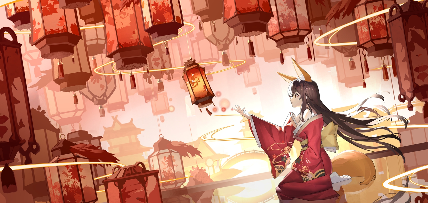 aliasing, animal_ears, brown_eyes, brown_hair, foxgirl, japanese_clothes, kimono, long_hair, mouma, no_bra, original, red, reflection, socks, tail