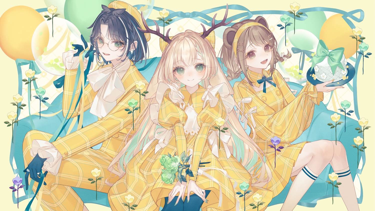 animal_ears, animare, black_hair, blonde_hair, bow, braids, brown_eyes, brown_hair, cake, dress, flowers, food, glasses, gloves, green_eyes, headband, horns, kneehighs, konan_mia, lolita_fashion, oura_rukako, pantyhose, ribbons, short_hair, tsukinoki_tirol, twintails, yoggi_(stretchmen)