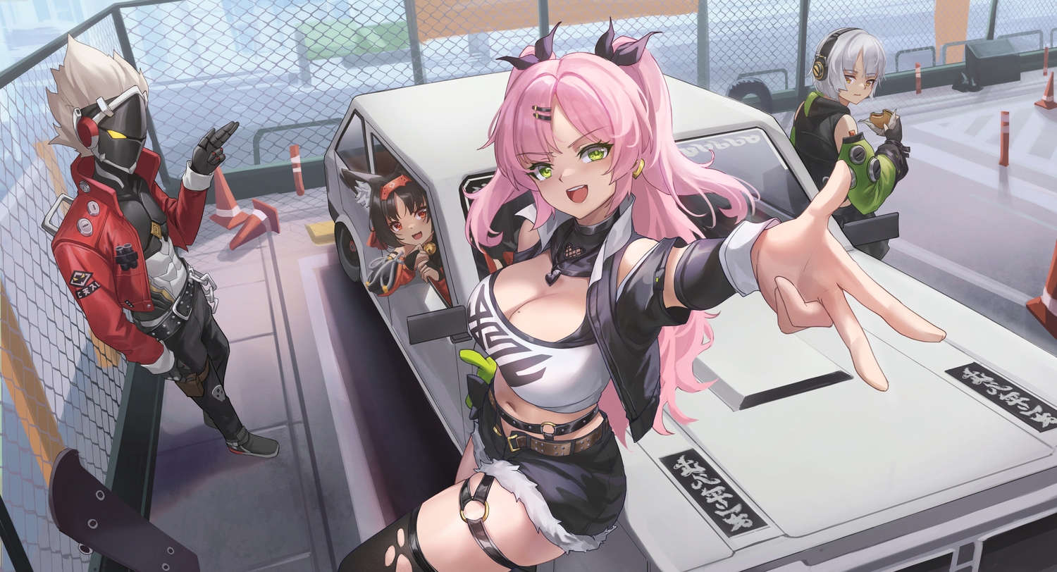 anby_demara, animal_ears, bell, billy_kid, black_hair, breasts, car, catgirl, cat_smile, cleavage, elbow_gloves, food, garter, gloves, gray_hair, green_eyes, group, headband, headphones, hood, long_hair, male, navel, nekomiya_mana, nicole_demara, phusit, pink_hair, red_eyes, robot, short_hair, shorts, thighhighs, torn_clothes, twintails, yellow_eyes, zenless_zone_zero