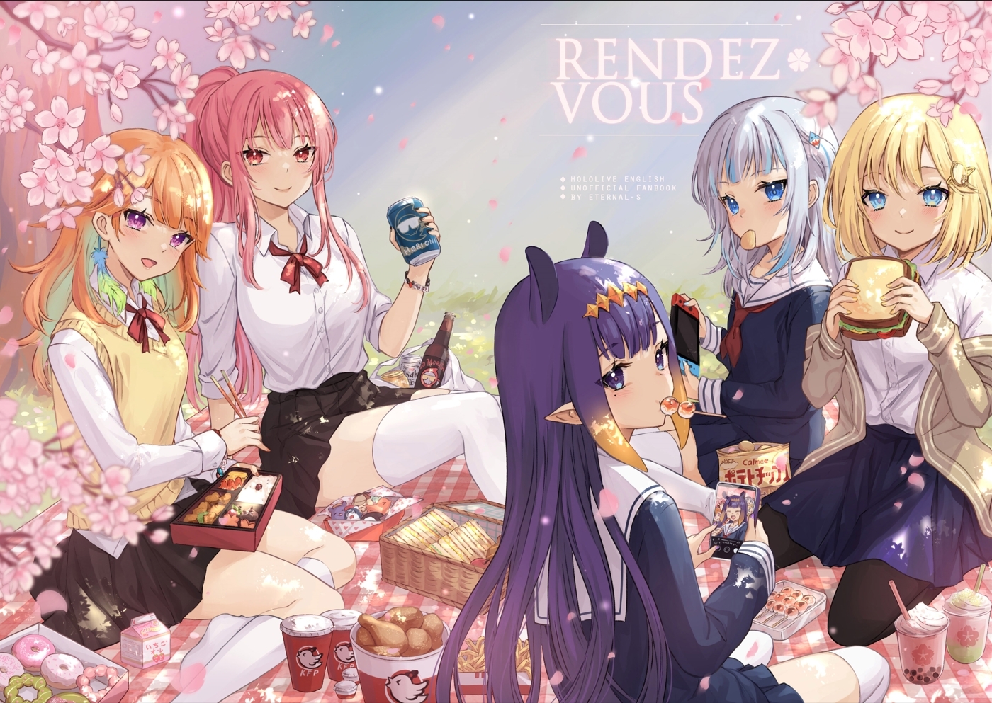 amelia_watson, blonde_hair, blue_eyes, blush, bow, cherry_blossoms, drink, flat_chest