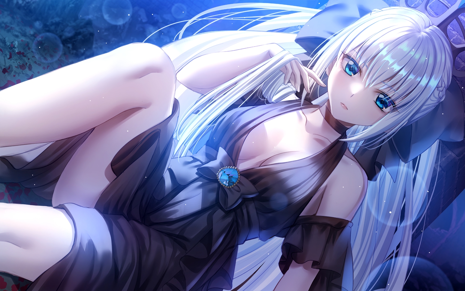 aqua_eyes, bow, breasts, choker, dress, fate/grand_order, fate_(series), gray_hair