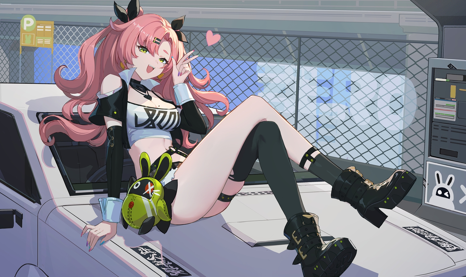 boots, breasts, car, cleavage, garter, green_eyes, heart, lance_(lancelliu)