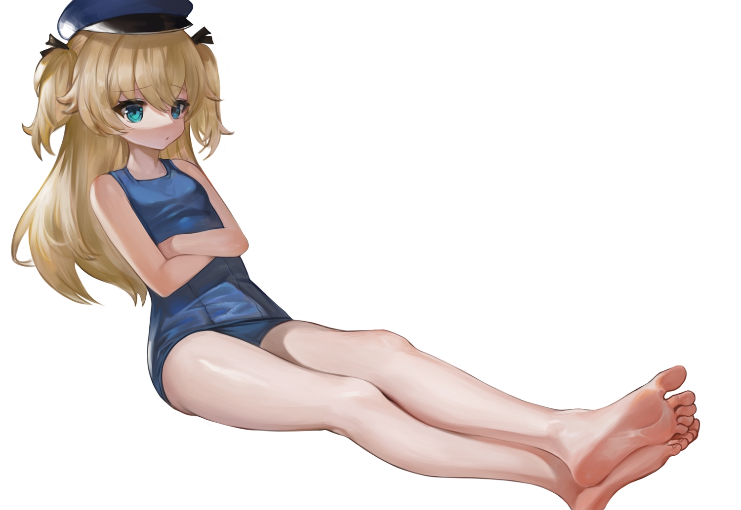 anthropomorphism, aqua_eyes, barefoot, blonde_hair, dokomon, girls_frontline, hat, loli