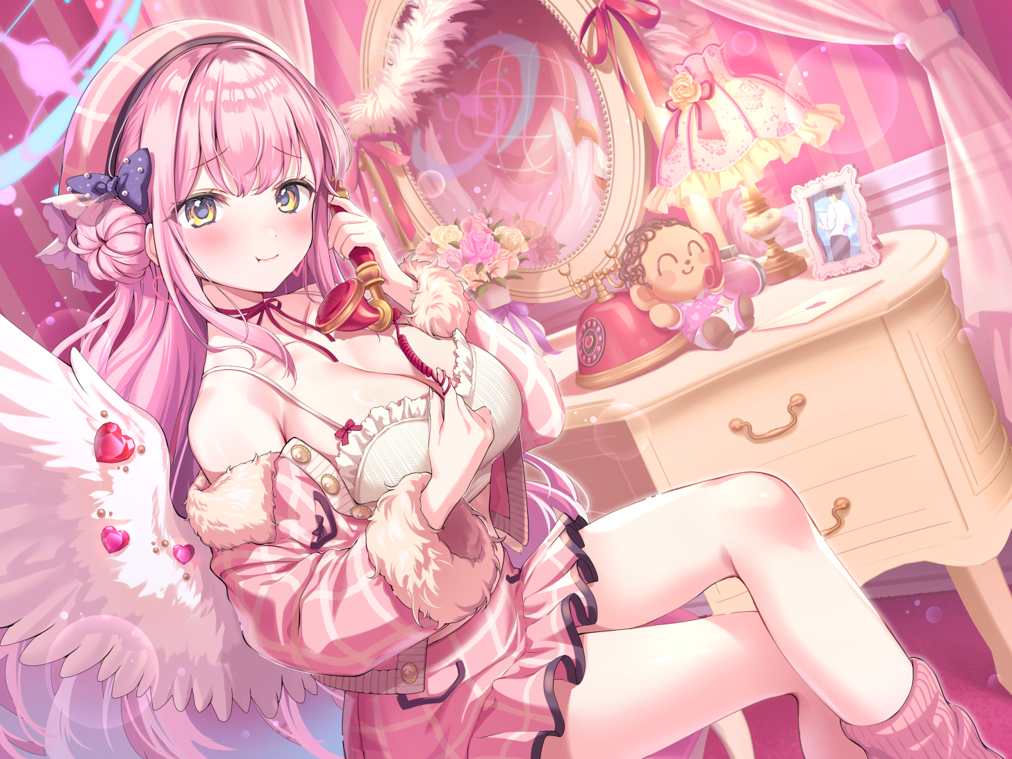 blue_archive, blush, breasts, choker, cleavage, doll, halo, headband, long_hair, mikeneko_mari, mirror, misono_mika, paper, phone, pink_hair, ribbons, skirt, wings, yellow_eyes